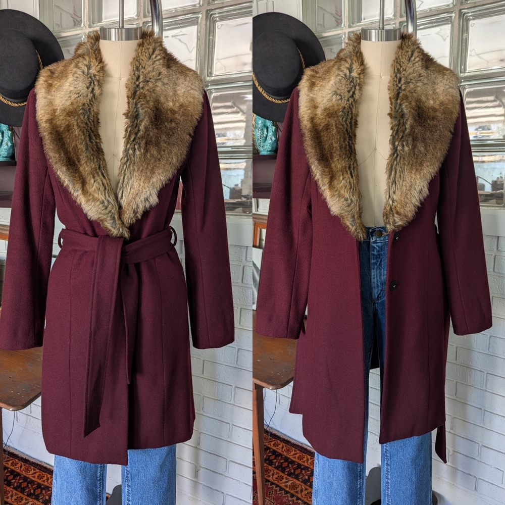 Nasty Gal Burgundy Trench Coat with Faux Fur Collar